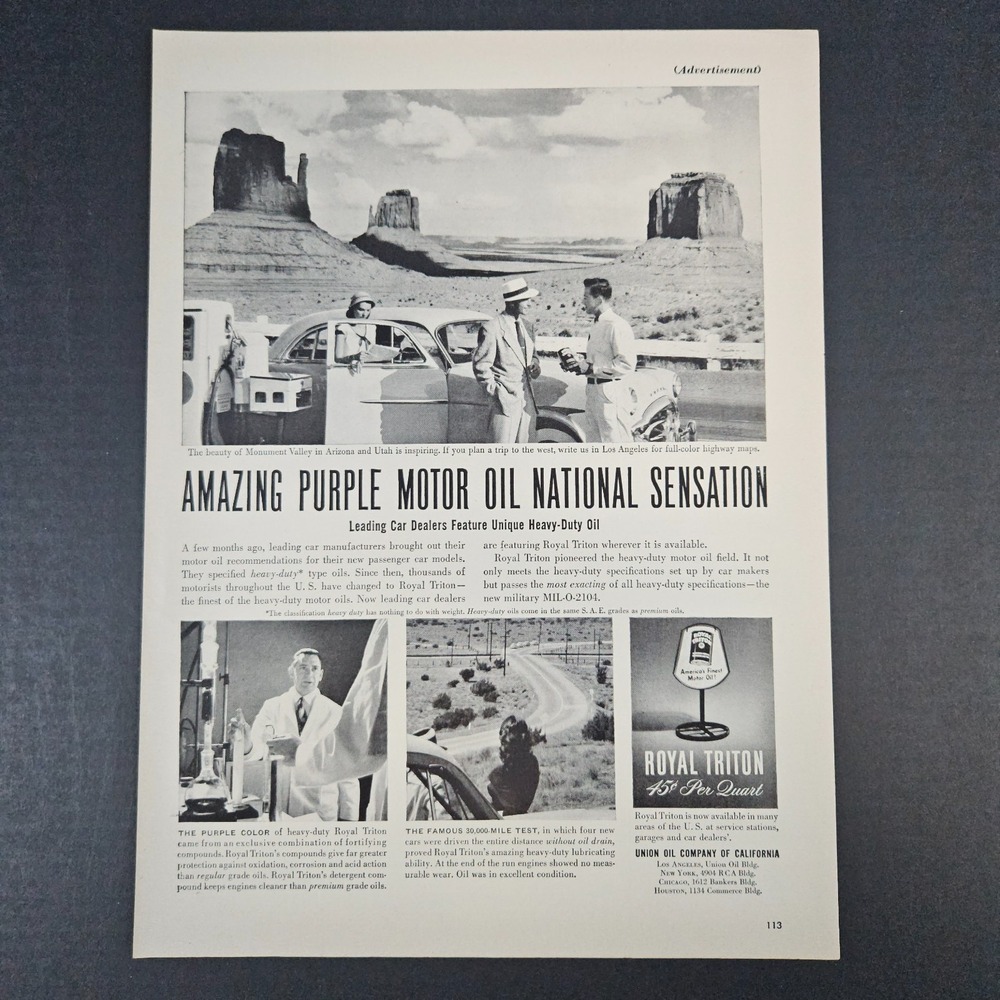 1951 Royal Triton Union Oil Company of California Vintage Print Ad Purple Motor